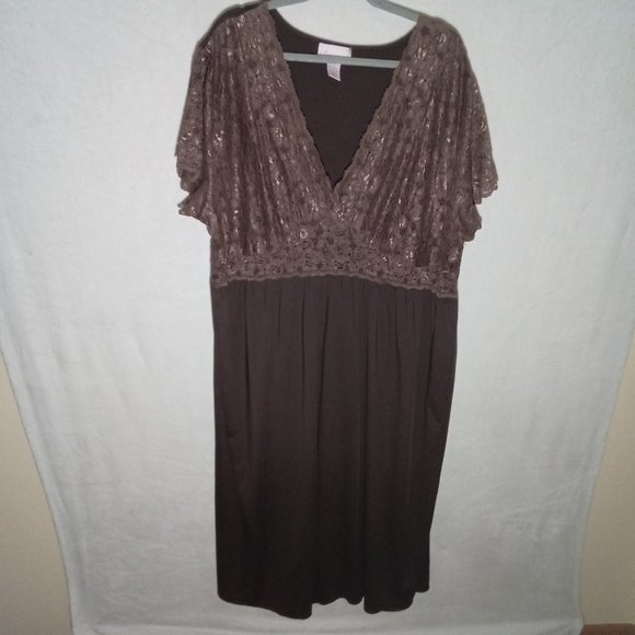 Vintage Amoureuse Lace V Neck Short Silky Sleeve Nightgown Size 3X Brown - Picture 1 of 7